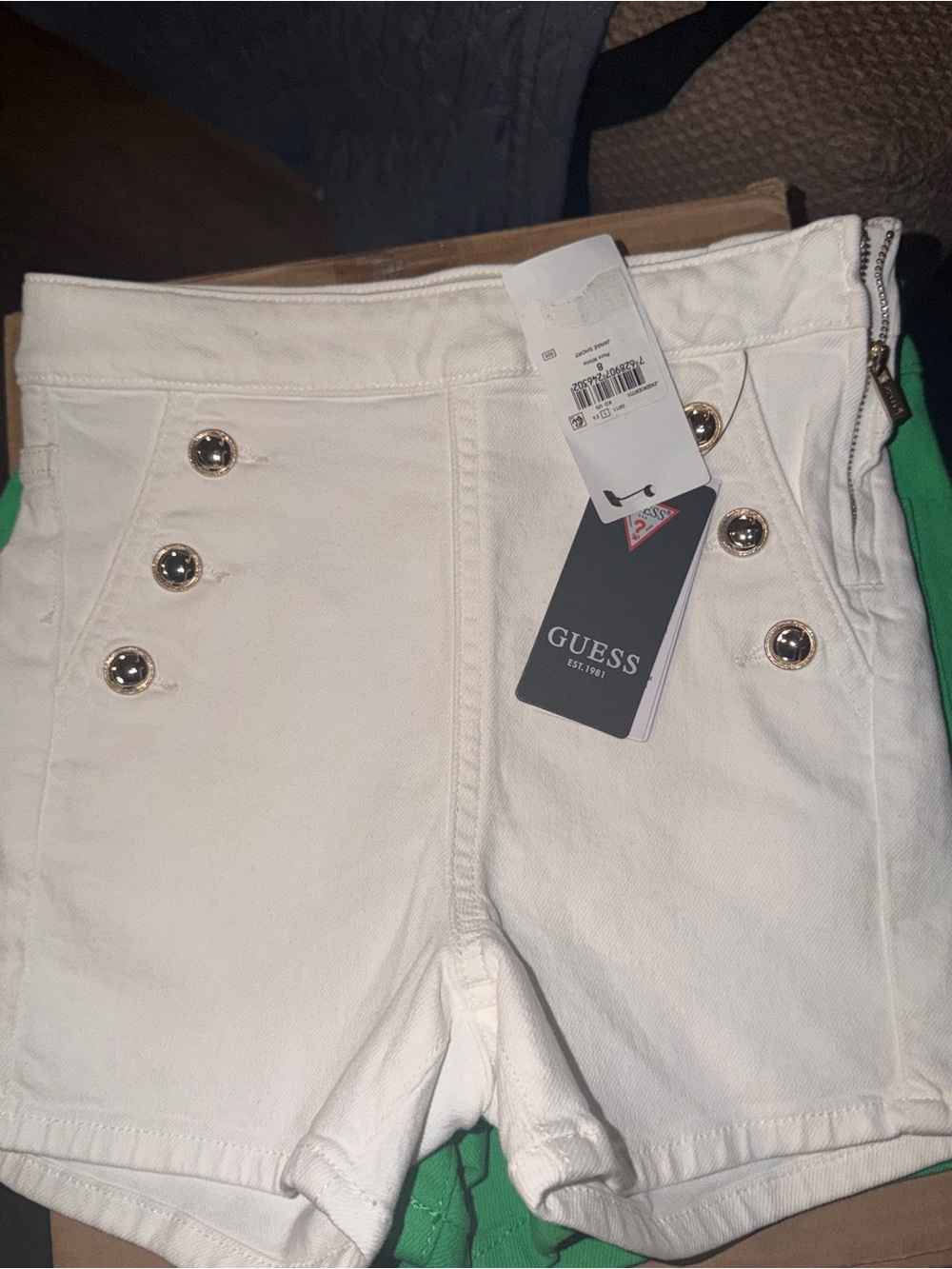 Guess White Sailor-Style Denim Shorts with Gold Buttons